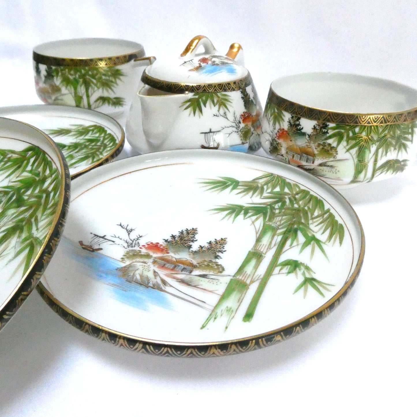 Vintage Hand-Painted Japanese Kutani ware 6-Piece Teapot, Teacups and Saucers in the Landscape and Bamboo Motif