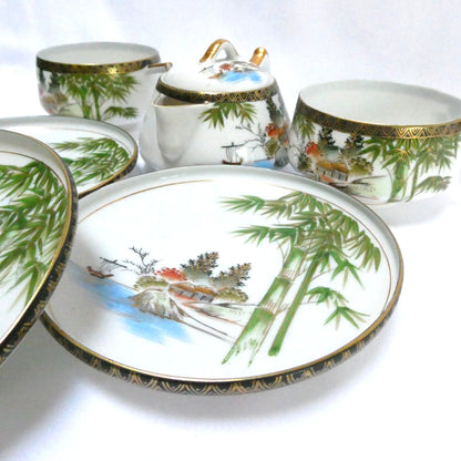 Vintage Hand-Painted Japanese Kutani ware 6-Piece Teapot, Teacups and Saucers in the Landscape and Bamboo Motif