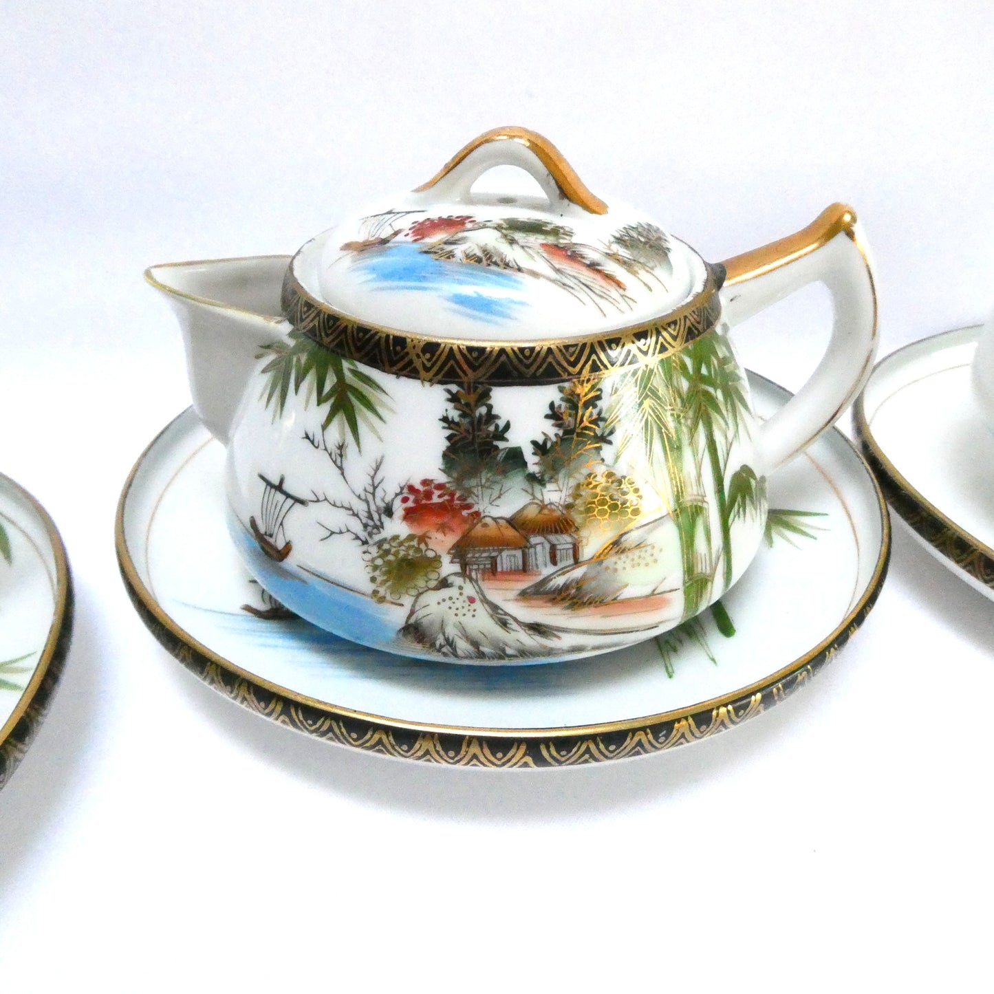 Vintage Hand-Painted Japanese Kutani ware 6-Piece Teapot, Teacups and Saucers in the Landscape and Bamboo Motif