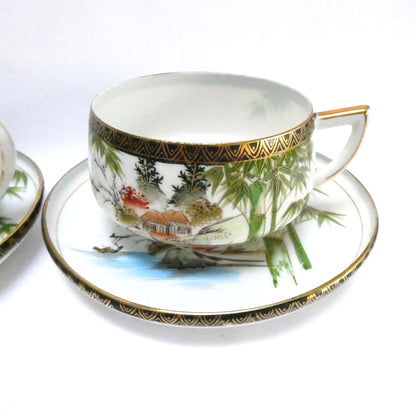 Vintage Hand-Painted Japanese Kutani ware 6-Piece Teapot, Teacups and Saucers in the Landscape and Bamboo Motif