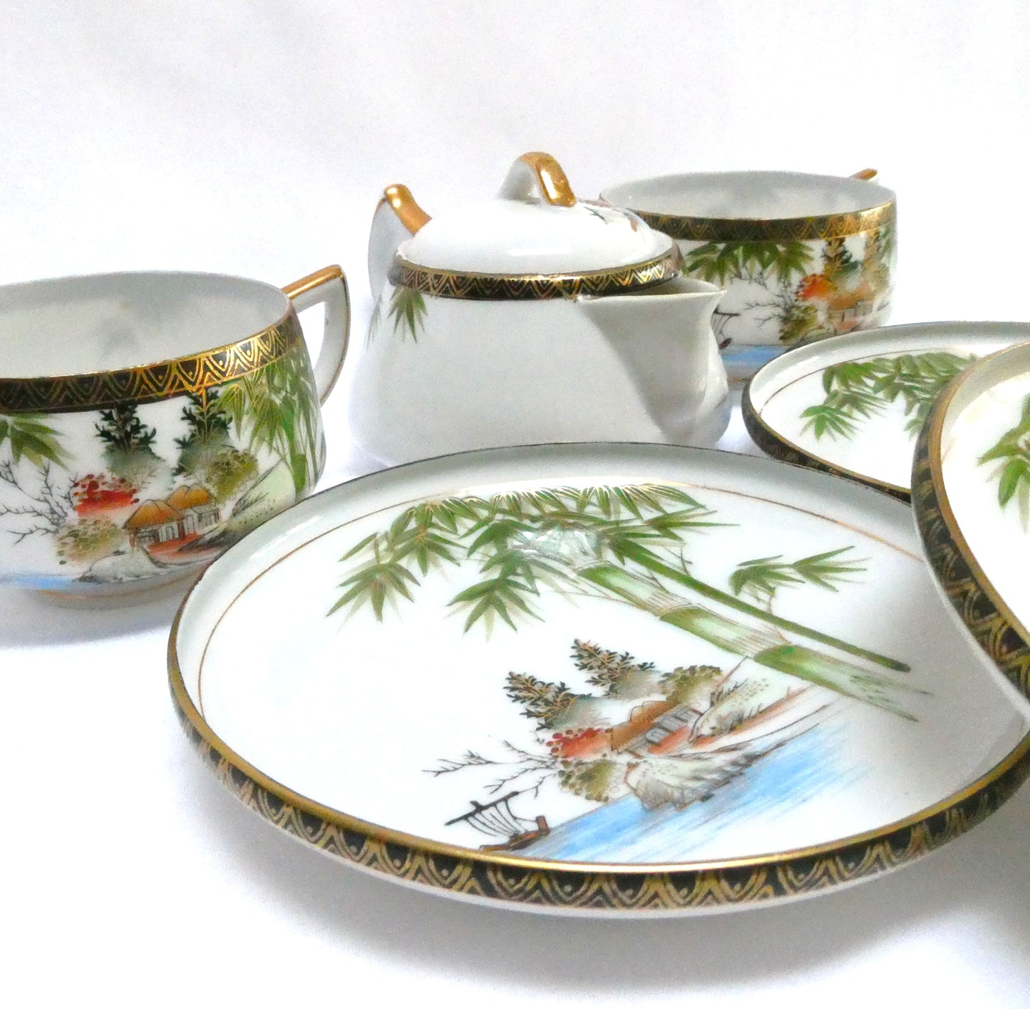 Vintage Hand-Painted Japanese Kutani ware 6-Piece Teapot, Teacups and Saucers in the Landscape and Bamboo Motif