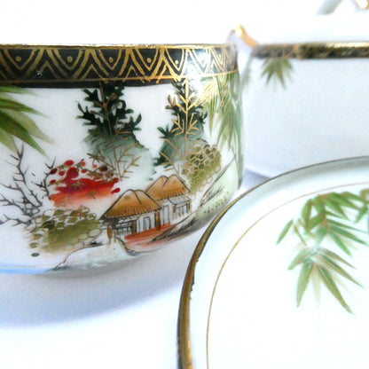 Vintage Hand-Painted Japanese Kutani ware 6-Piece Teapot, Teacups and Saucers in the Landscape and Bamboo Motif