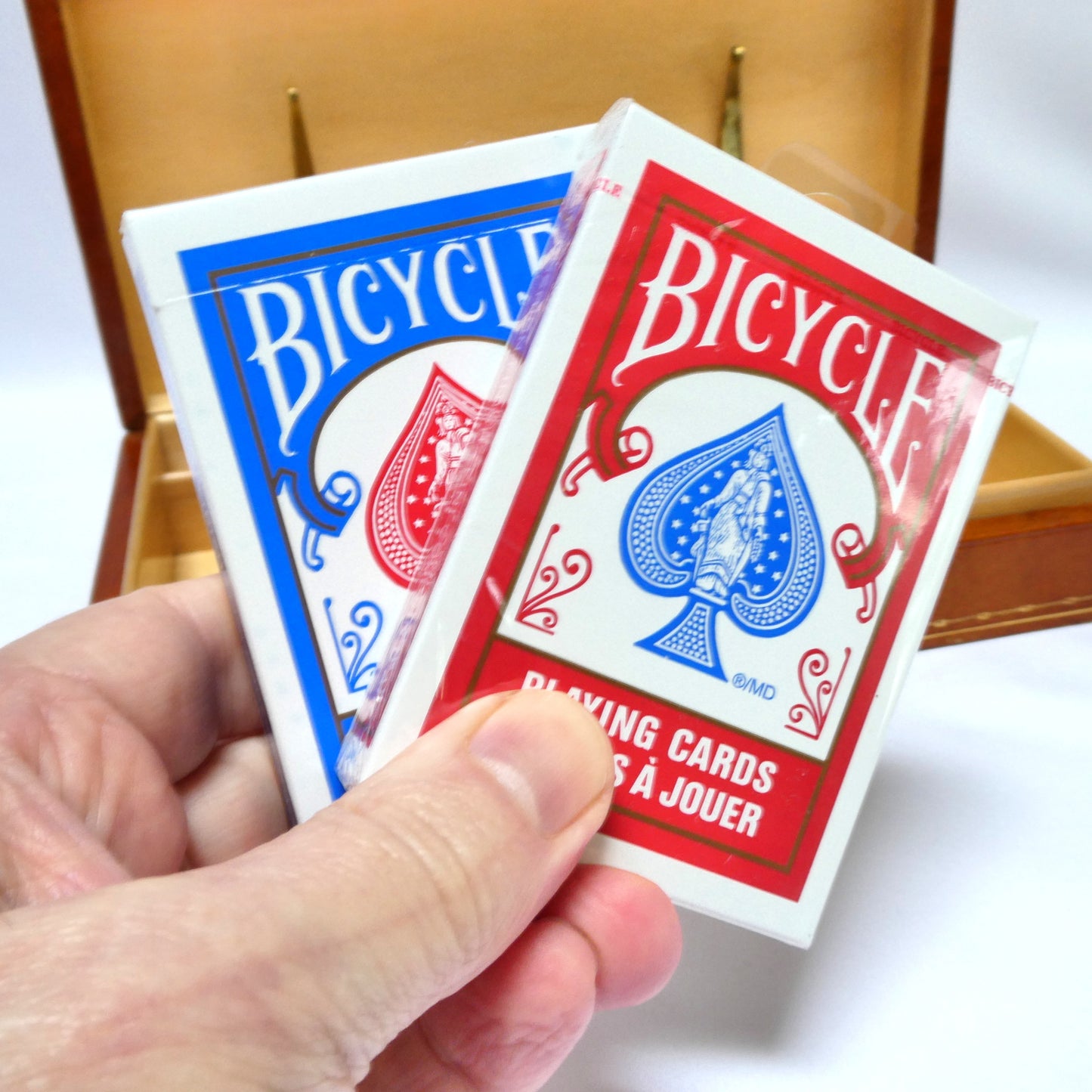 Mid-Century Italian-Made Wood and Leather PLAYING CARD DOUBLE DECK BOX