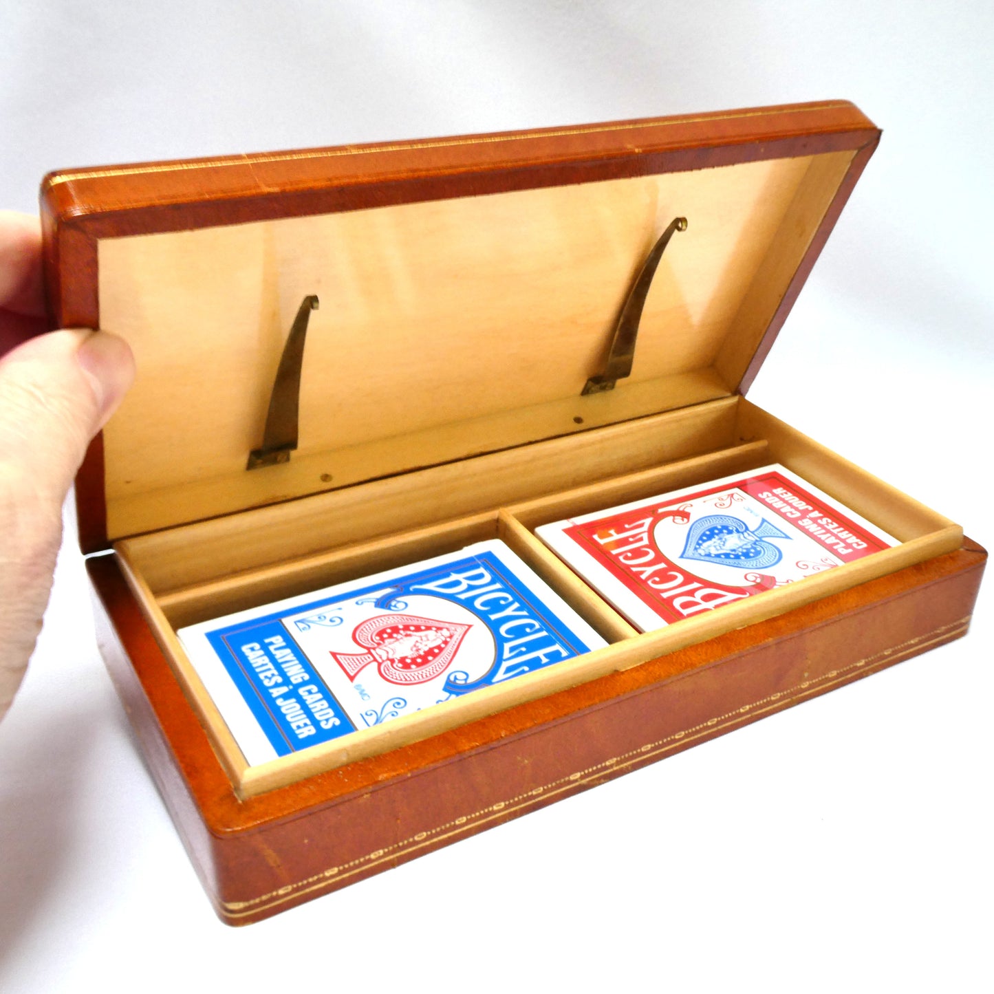 Mid-Century Italian-Made Wood and Leather PLAYING CARD DOUBLE DECK BOX