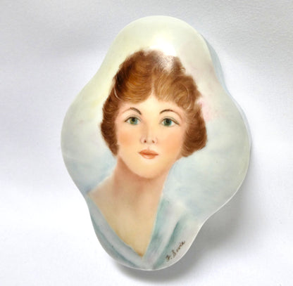 WHITE PORCELAIN TRINKET TRAY AND REMOVABLE LID, with hand-painted and artist signed portrait of a young woman