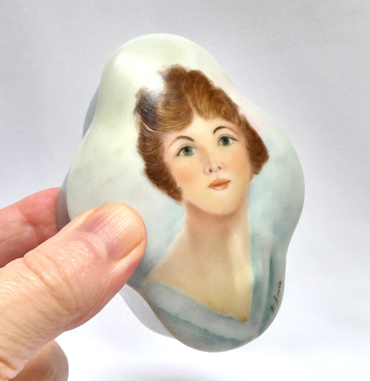 WHITE PORCELAIN TRINKET TRAY AND REMOVABLE LID, with hand-painted and artist signed portrait of a young woman