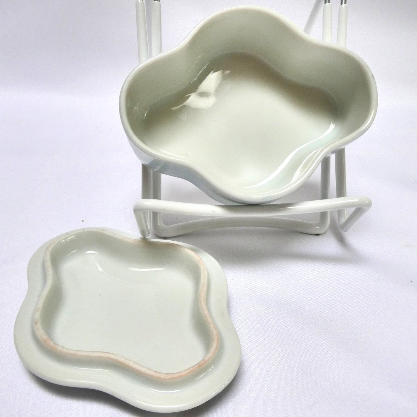 WHITE PORCELAIN TRINKET TRAY AND REMOVABLE LID, with hand-painted and artist signed portrait of a young woman
