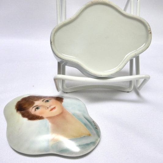 WHITE PORCELAIN TRINKET TRAY AND REMOVABLE LID, with hand-painted and artist signed portrait of a young woman