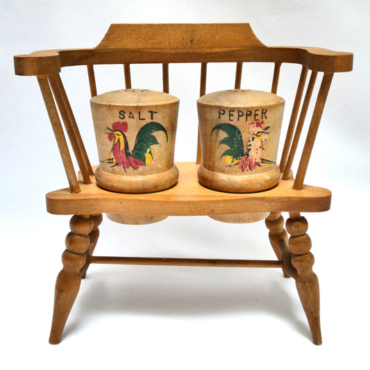 Fabulous Mid-Century-Modern Japanese SALT AND PEPPER WOOD SHAKERS with Double Wide Bench
