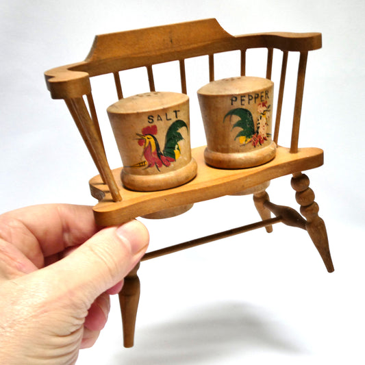 Fabulous Mid-Century-Modern Japanese SALT AND PEPPER WOOD SHAKERS with Double Wide Bench