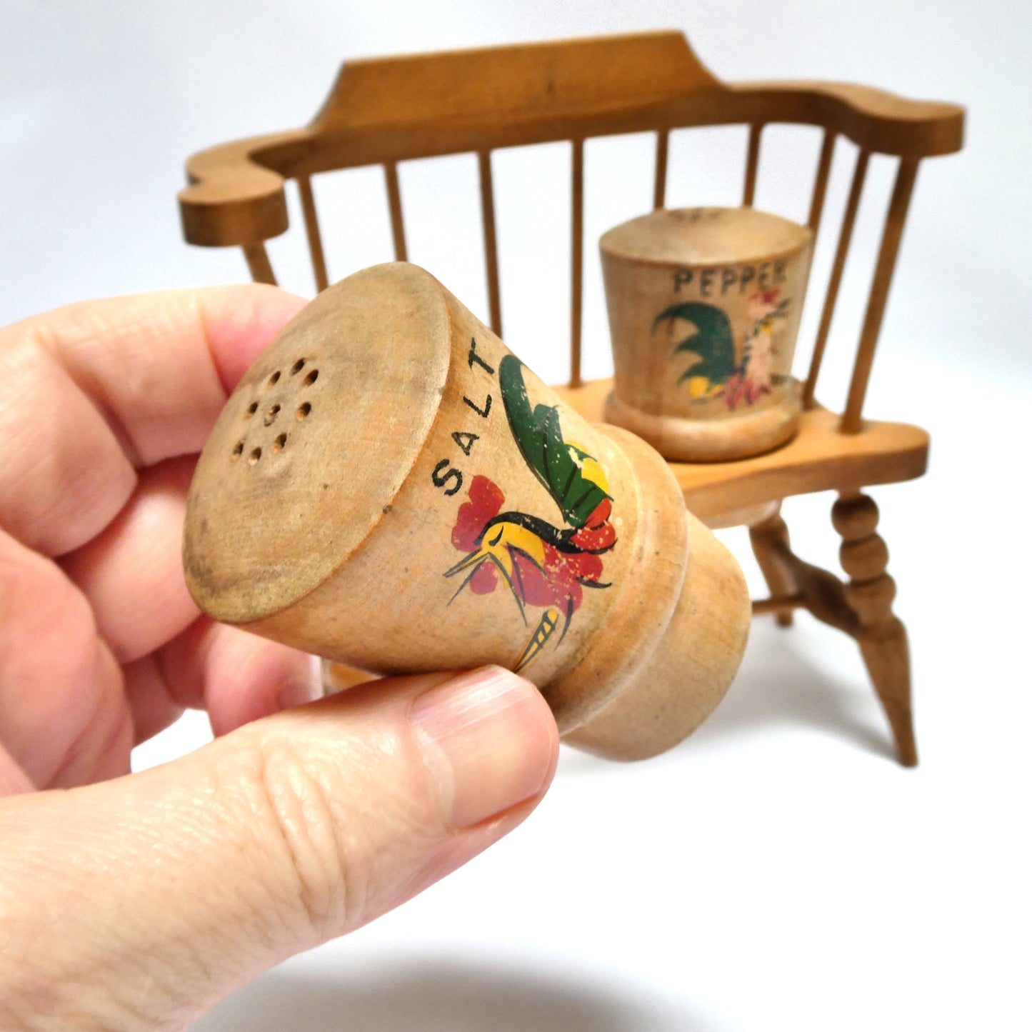 Fabulous Mid-Century-Modern Japanese SALT AND PEPPER WOOD SHAKERS with Double Wide Bench