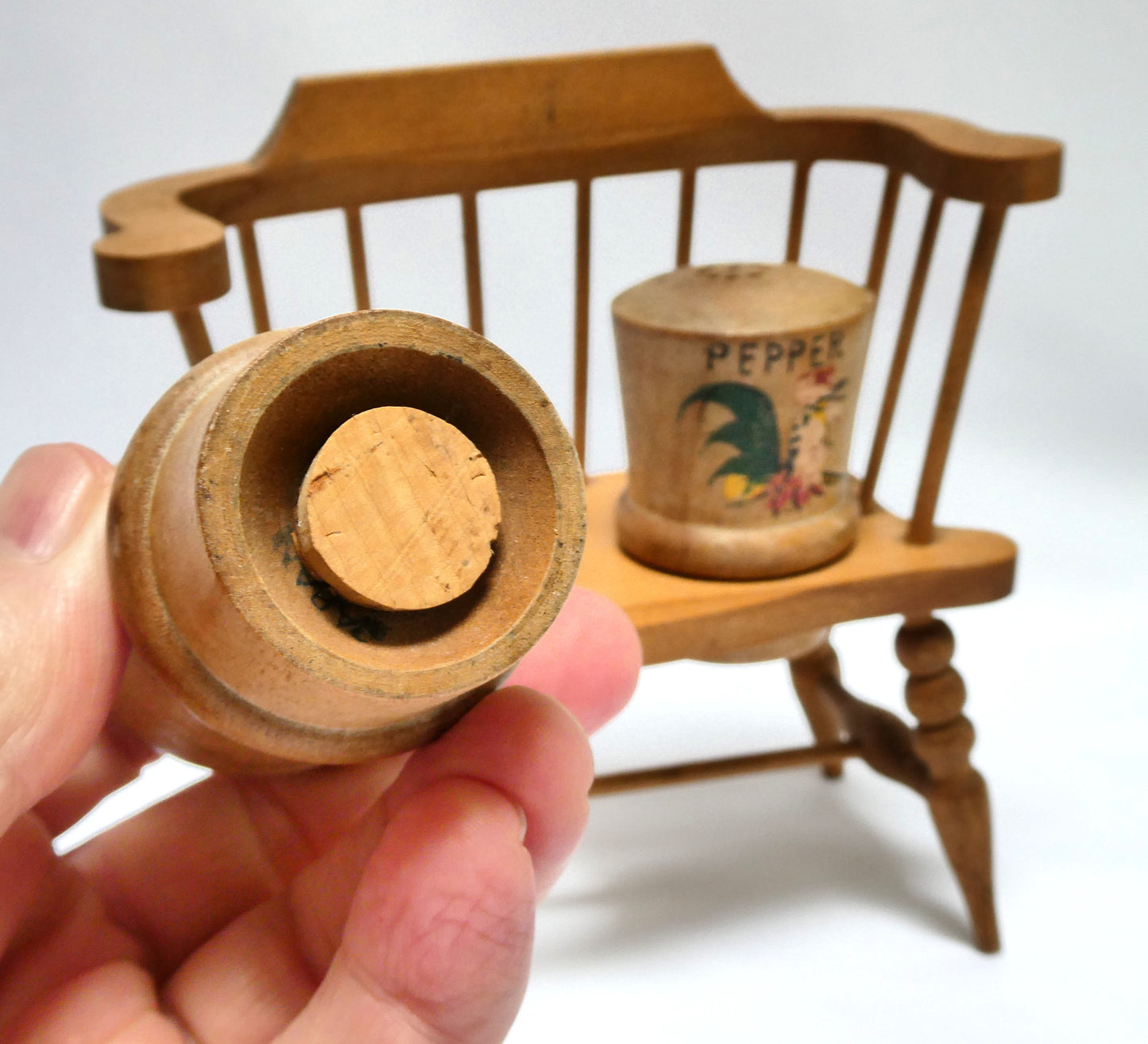 Fabulous Mid-Century-Modern Japanese SALT AND PEPPER WOOD SHAKERS with Double Wide Bench