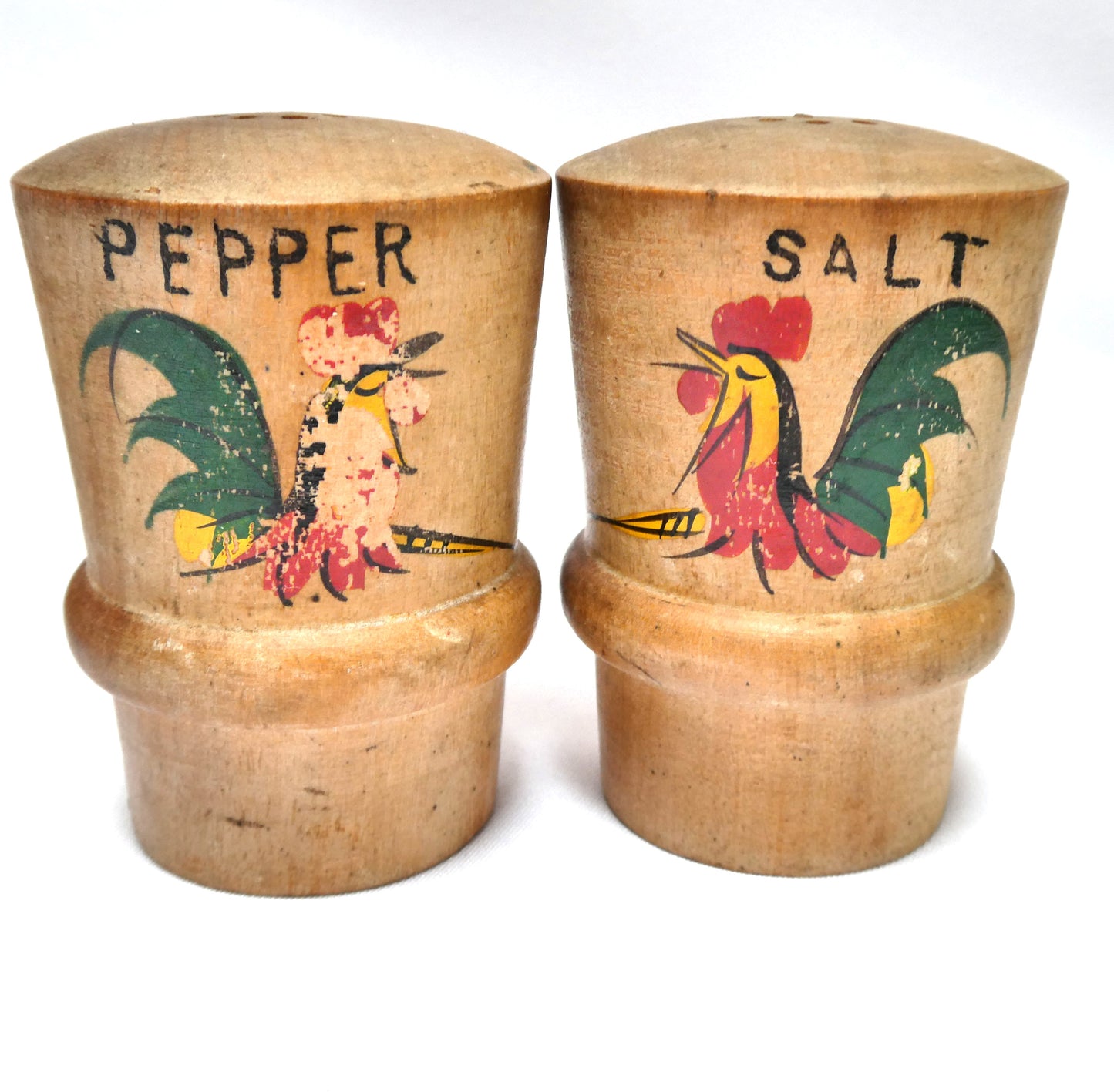 Fabulous Mid-Century-Modern Japanese SALT AND PEPPER WOOD SHAKERS with Double Wide Bench