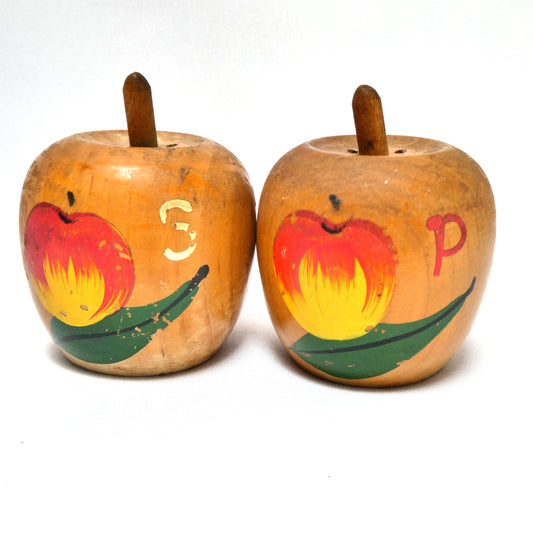 Charming Mid-Century Solid Wood SALT AND PEPPER SHAKERS, Shaped like miniature apples!