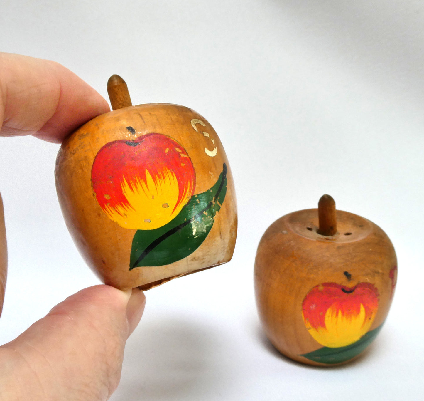 Charming Mid-Century Solid Wood SALT AND PEPPER SHAKERS, Shaped like miniature apples!