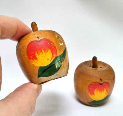 Charming Mid-Century Solid Wood SALT AND PEPPER SHAKERS, Shaped like miniature apples!