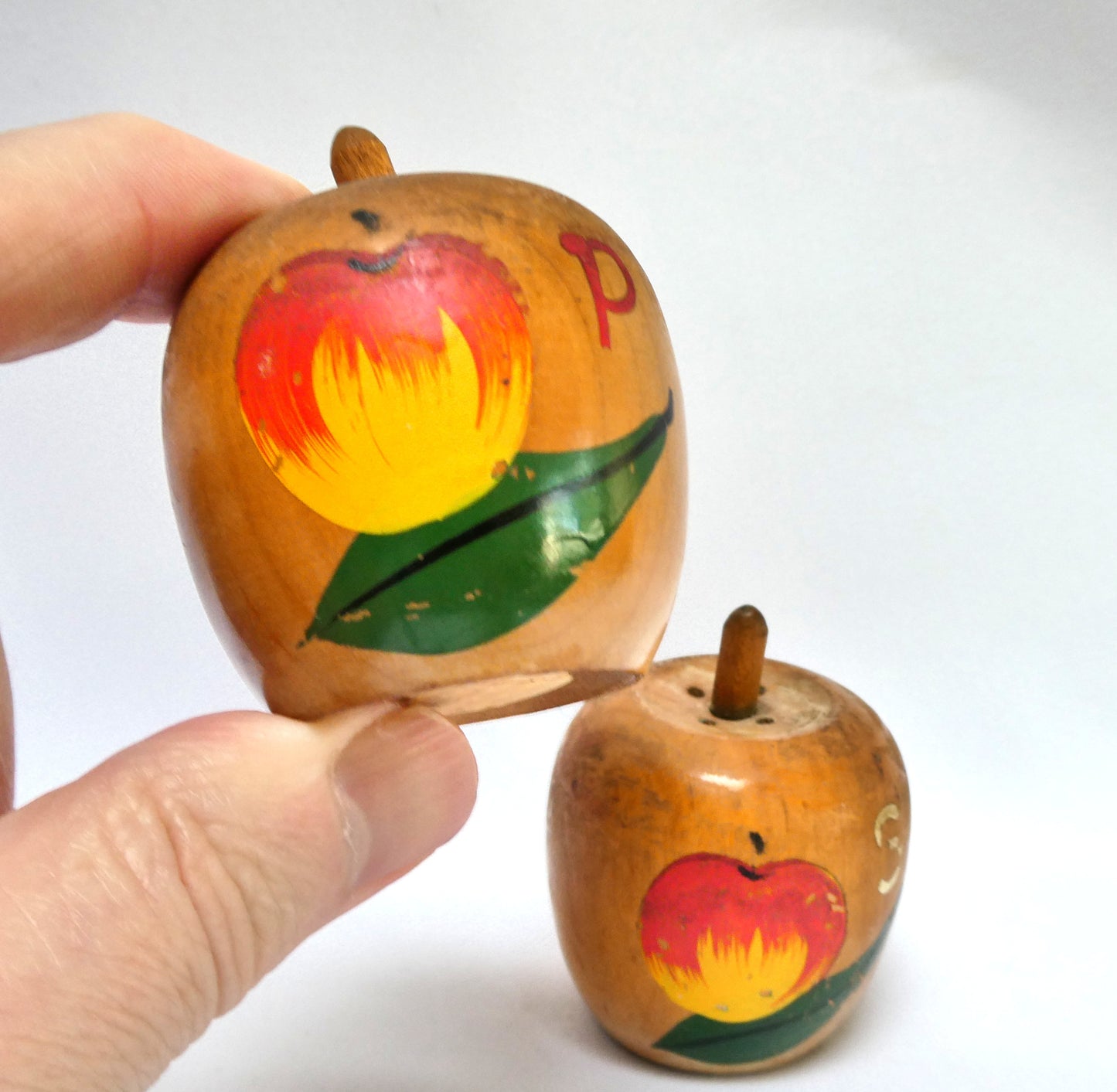 Charming Mid-Century Solid Wood SALT AND PEPPER SHAKERS, Shaped like miniature apples!
