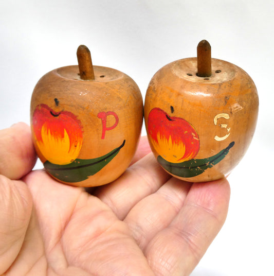 Charming Mid-Century Solid Wood SALT AND PEPPER SHAKERS, Shaped like miniature apples!