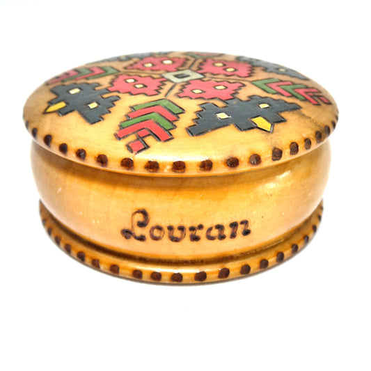 Vintage Wood Hand-Turned and Decorated Small Round Trinket Bowl with Lid: LOVRAN, CROATIA