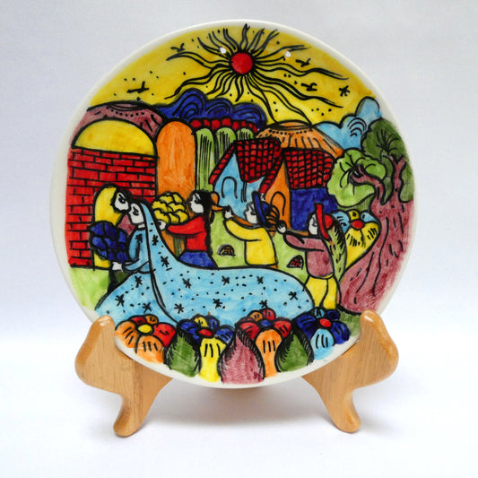 HAND-PAINTED PAIR OF VINTAGE MEXICAN FESTIVE FOLK ART CERAMIC PLATES, Created by the Artist Jesús Román Diego