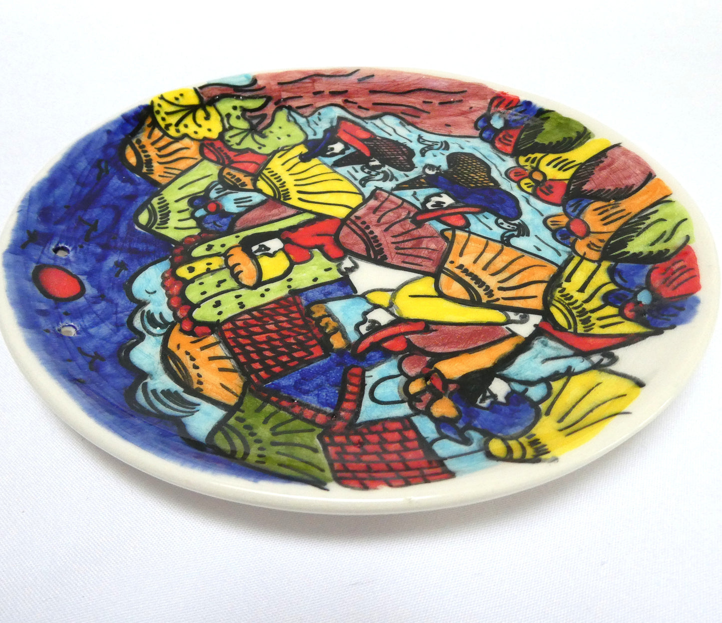 HAND-PAINTED PAIR OF VINTAGE MEXICAN FESTIVE FOLK ART CERAMIC PLATES, Created by the Artist Jesús Román Diego