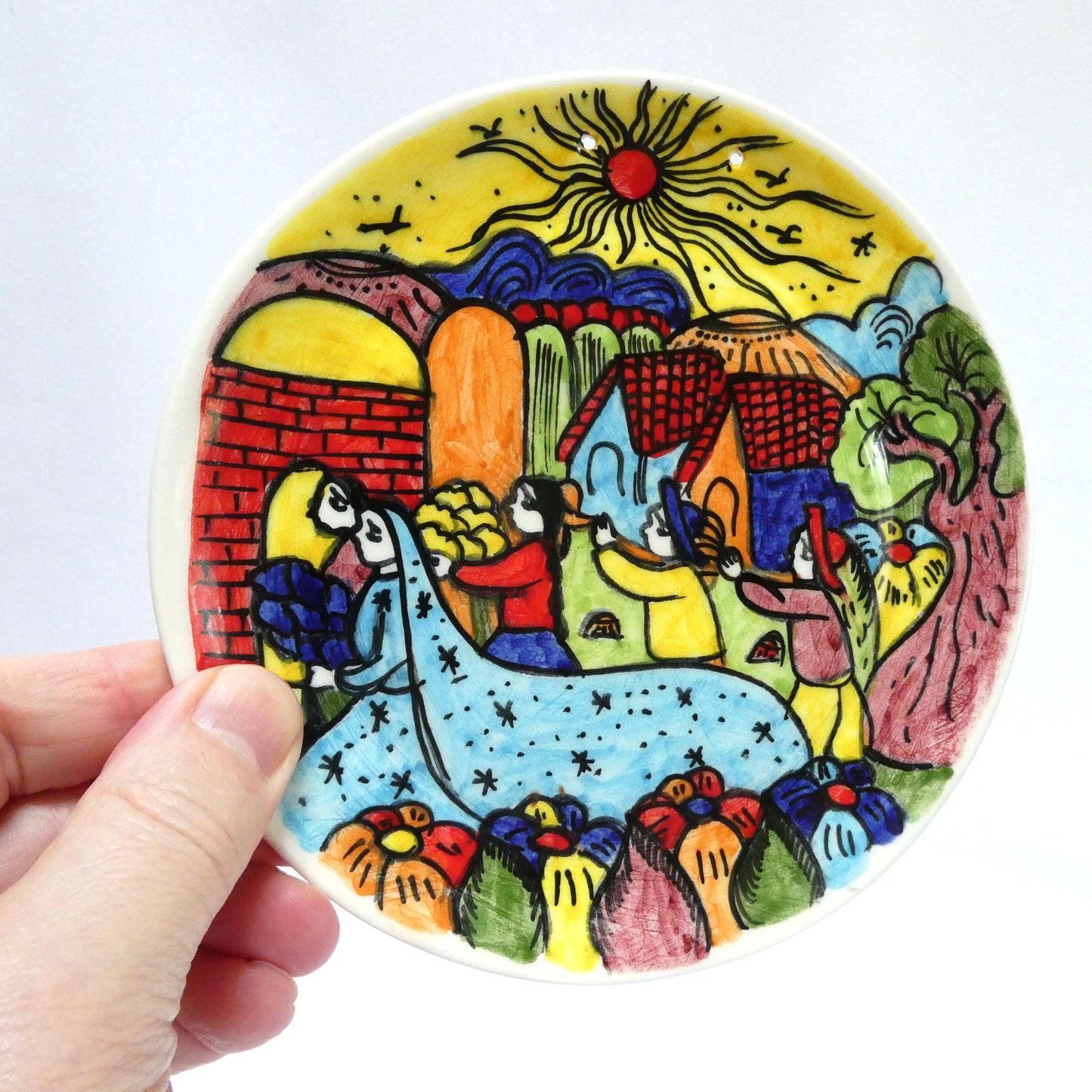 HAND-PAINTED PAIR OF VINTAGE MEXICAN FESTIVE FOLK ART CERAMIC PLATES, Created by the Artist Jesús Román Diego