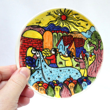 HAND-PAINTED PAIR OF VINTAGE MEXICAN FESTIVE FOLK ART CERAMIC PLATES, Created by the Artist Jesús Román Diego