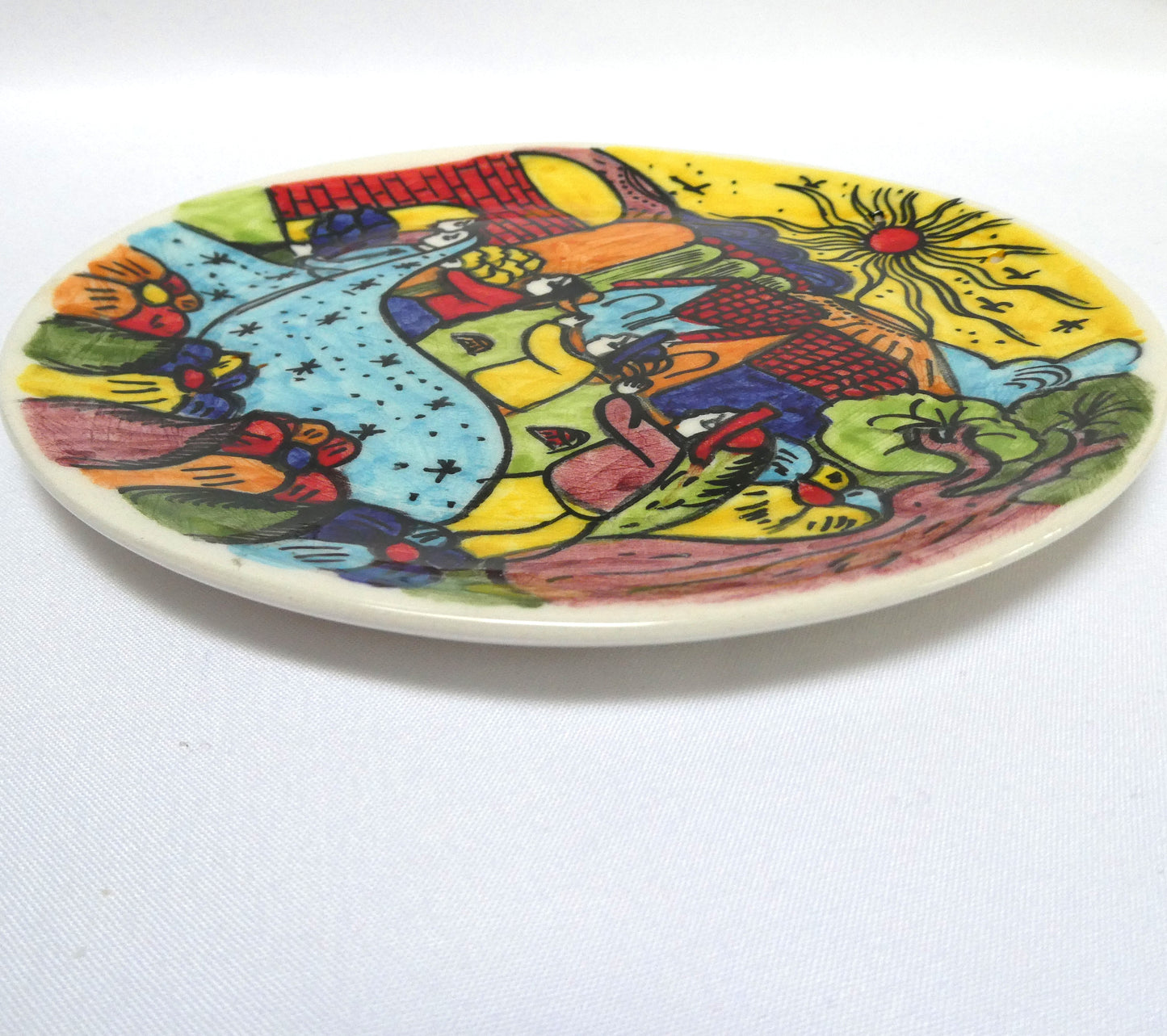 HAND-PAINTED PAIR OF VINTAGE MEXICAN FESTIVE FOLK ART CERAMIC PLATES, Created by the Artist Jesús Román Diego