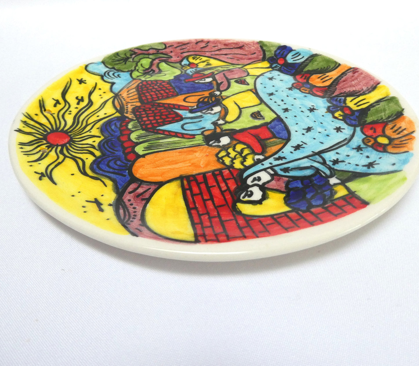 HAND-PAINTED PAIR OF VINTAGE MEXICAN FESTIVE FOLK ART CERAMIC PLATES, Created by the Artist Jesús Román Diego