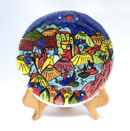 HAND-PAINTED PAIR OF VINTAGE MEXICAN FESTIVE FOLK ART CERAMIC PLATES, Created by the Artist Jesús Román Diego
