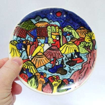HAND-PAINTED PAIR OF VINTAGE MEXICAN FESTIVE FOLK ART CERAMIC PLATES, Created by the Artist Jesús Román Diego