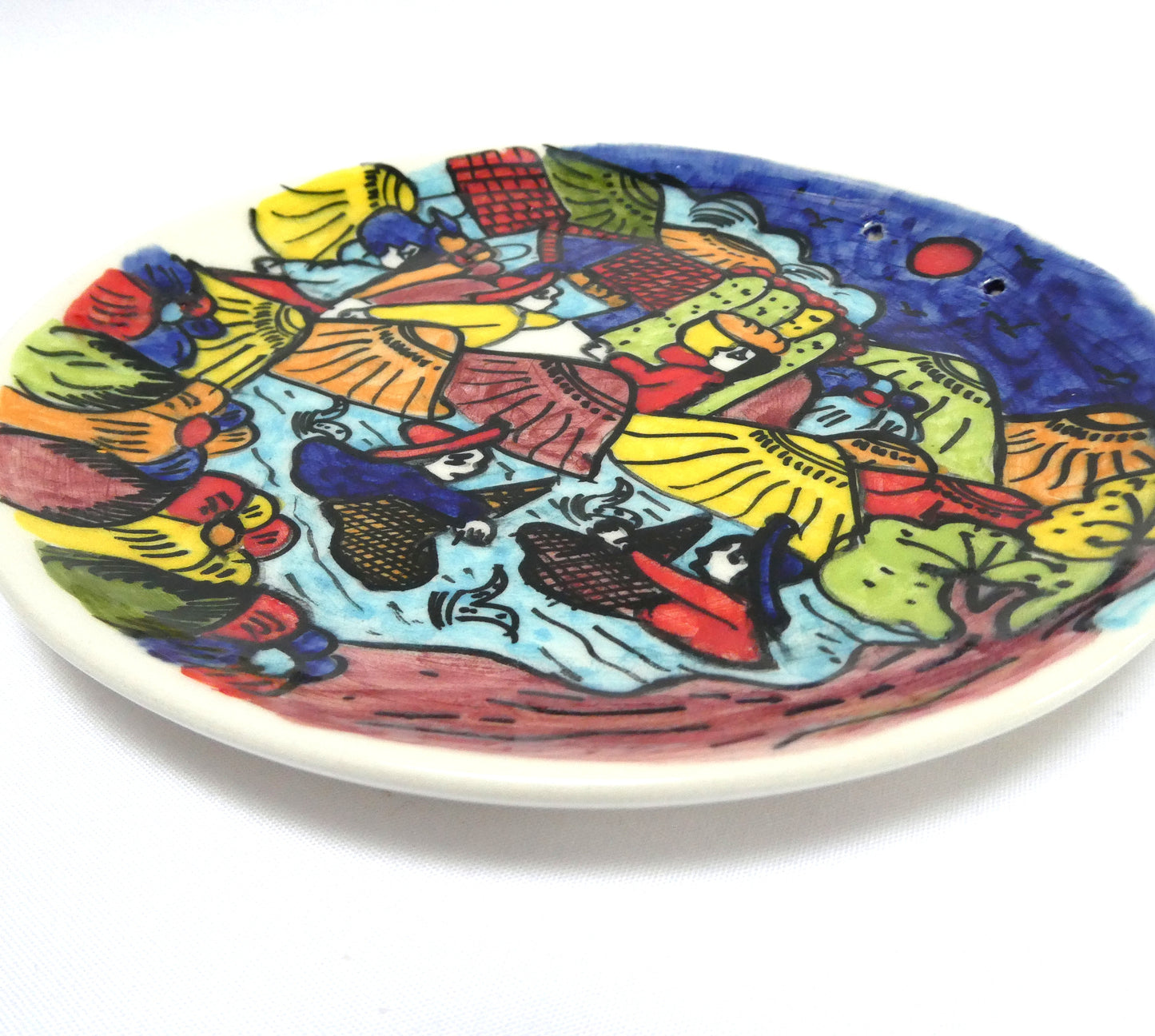 HAND-PAINTED PAIR OF VINTAGE MEXICAN FESTIVE FOLK ART CERAMIC PLATES, Created by the Artist Jesús Román Diego