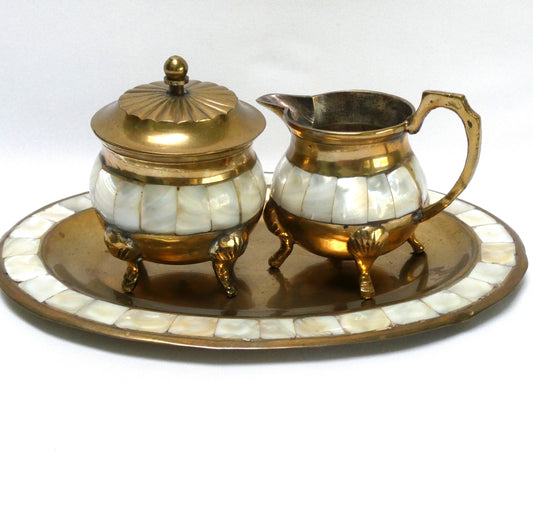 Stunning Vintage Brass and Mother-of-Pearl Lidded Sugar Bowl and Creamer, with matching serving tray