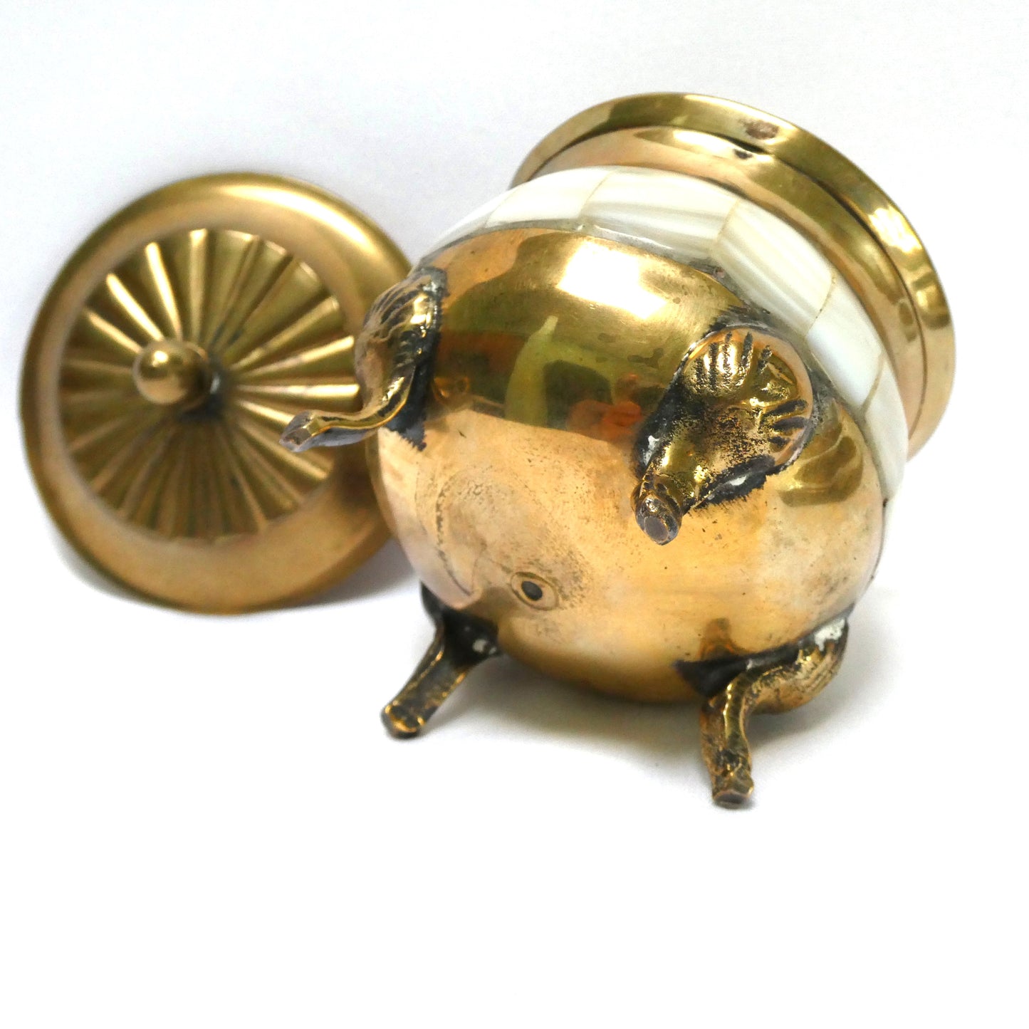 Stunning Vintage Brass and Mother-of-Pearl Lidded Sugar Bowl and Creamer, with matching serving tray