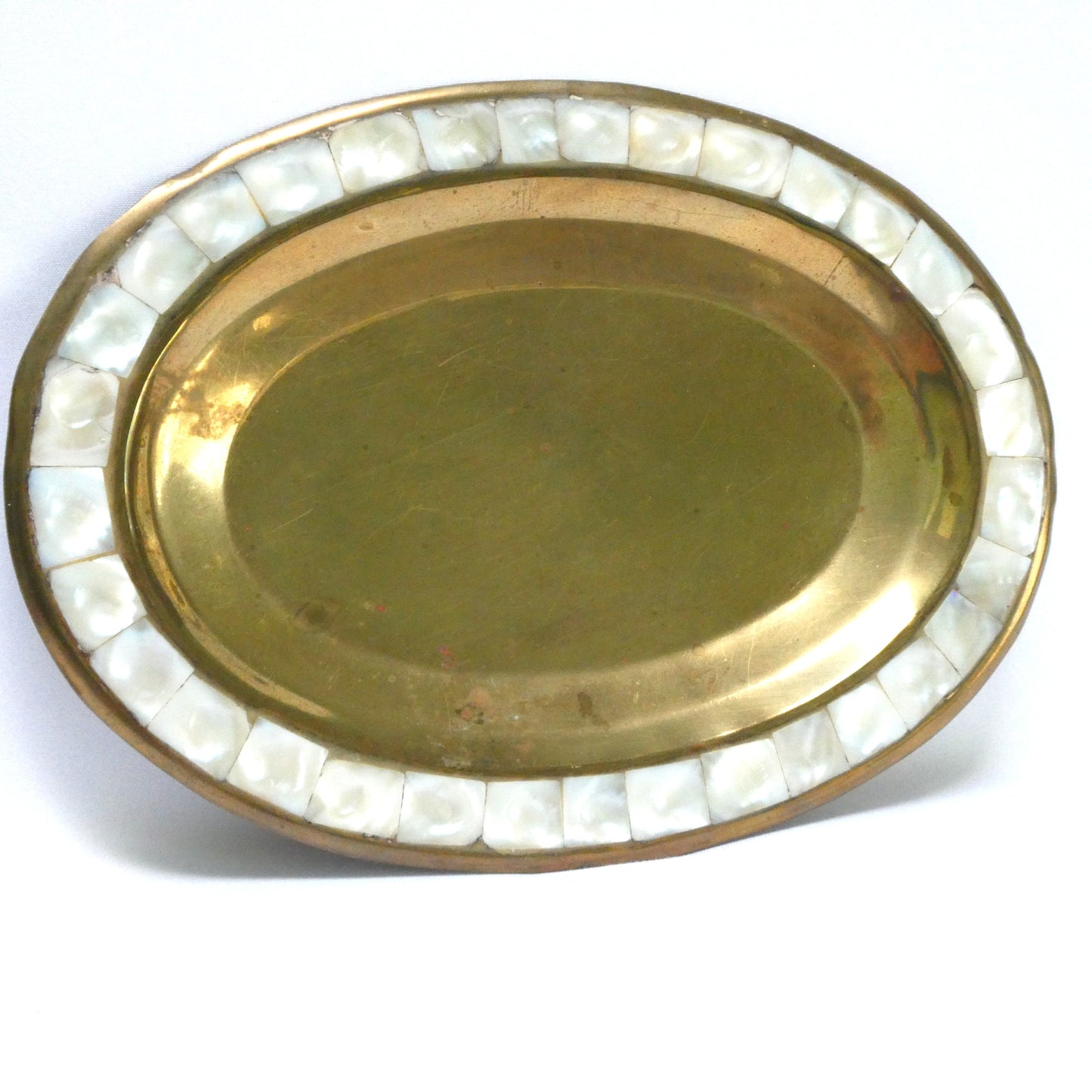 Stunning Vintage Brass and Mother-of-Pearl Lidded Sugar Bowl and Creamer, with matching serving tray