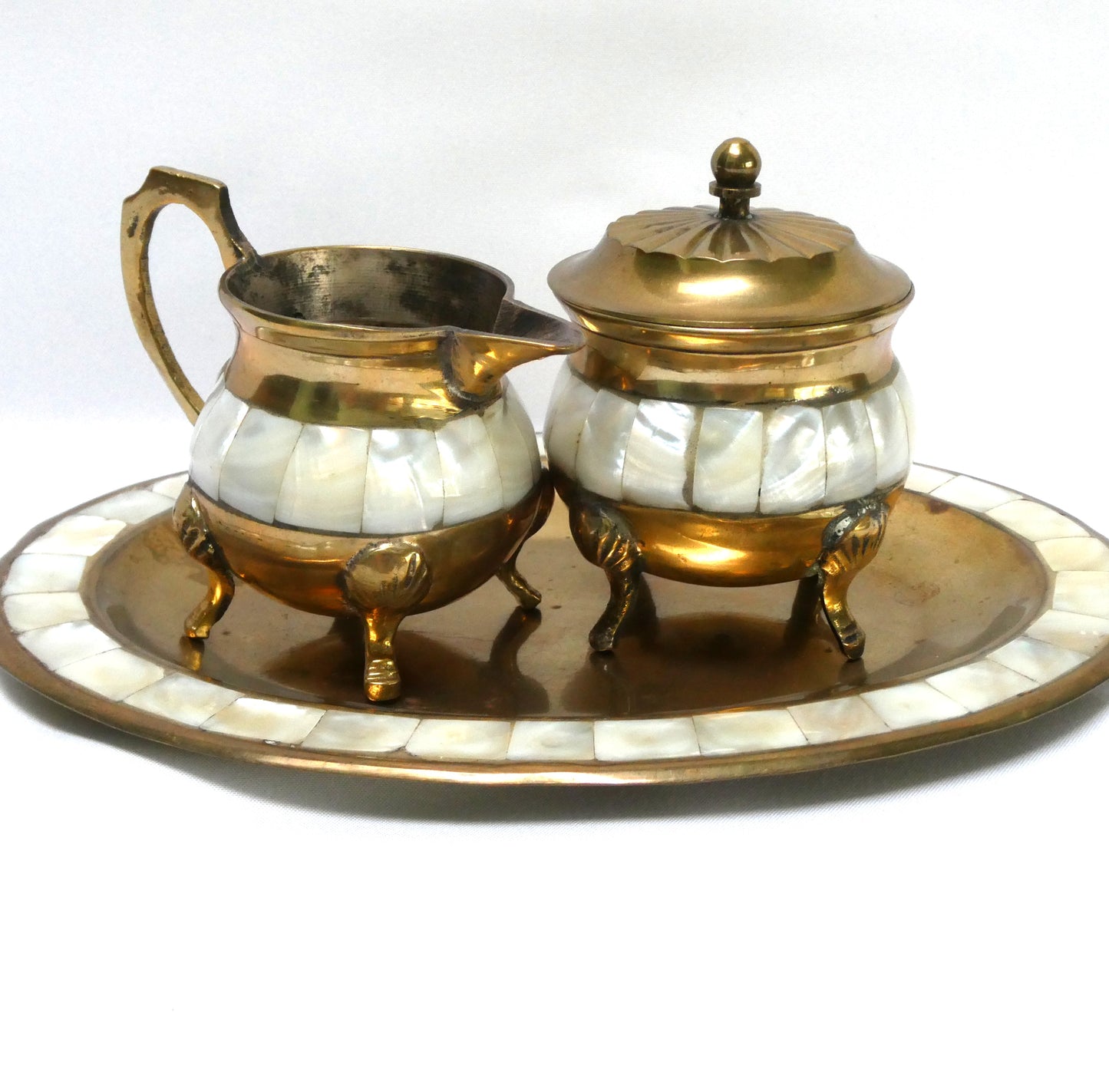 Stunning Vintage Brass and Mother-of-Pearl Lidded Sugar Bowl and Creamer, with matching serving tray