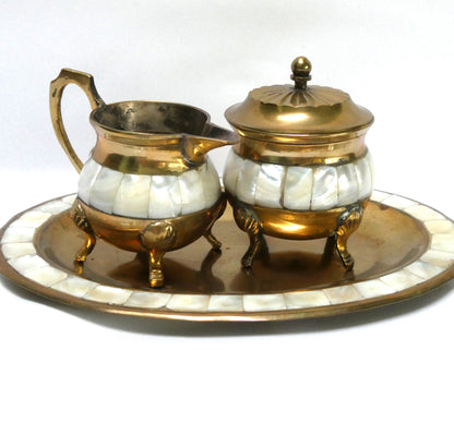 Stunning Vintage Brass and Mother-of-Pearl Lidded Sugar Bowl and Creamer, with matching serving tray