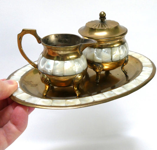Stunning Vintage Brass and Mother-of-Pearl Lidded Sugar Bowl and Creamer, with matching serving tray