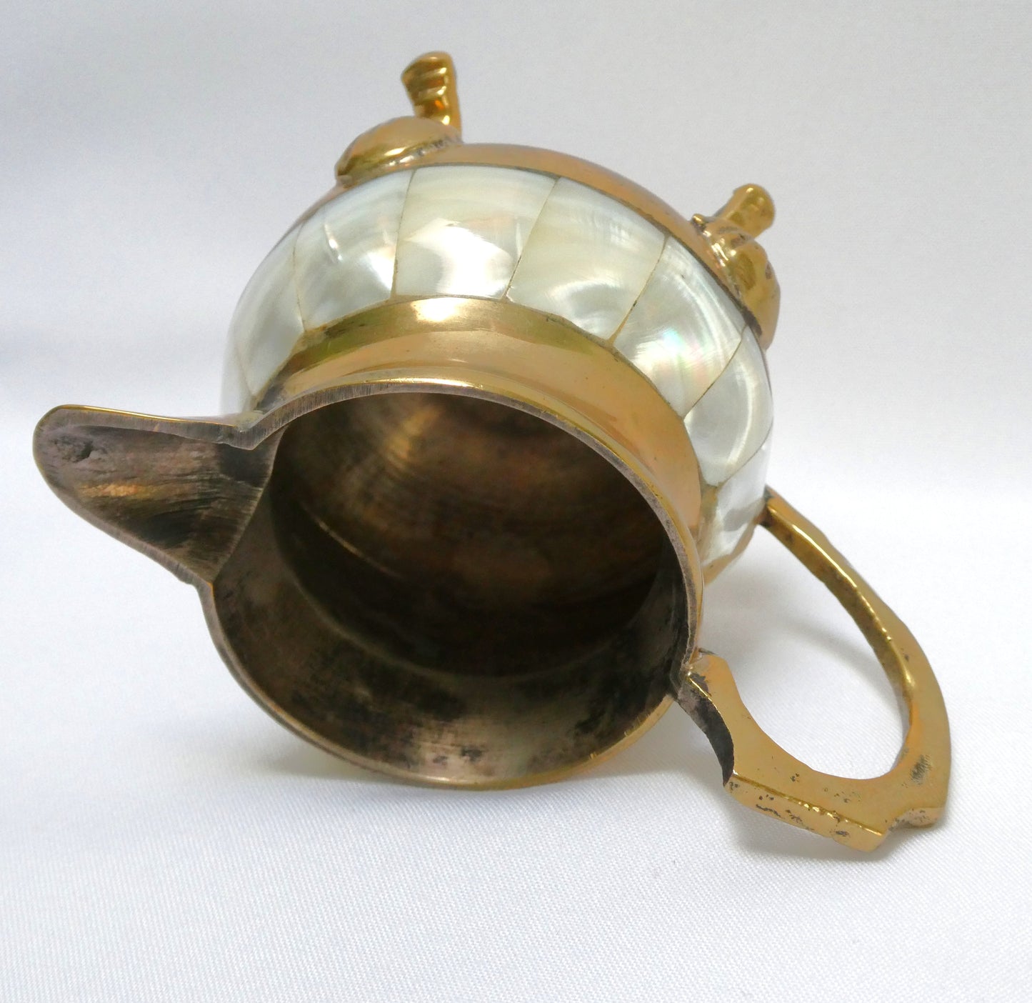 Stunning Vintage Brass and Mother-of-Pearl Lidded Sugar Bowl and Creamer, with matching serving tray