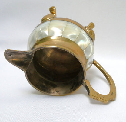 Stunning Vintage Brass and Mother-of-Pearl Lidded Sugar Bowl and Creamer, with matching serving tray