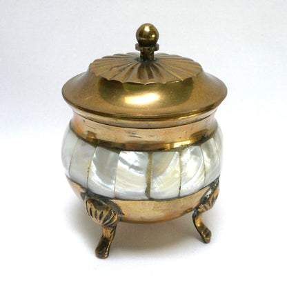 Stunning Vintage Brass and Mother-of-Pearl Lidded Sugar Bowl and Creamer, with matching serving tray