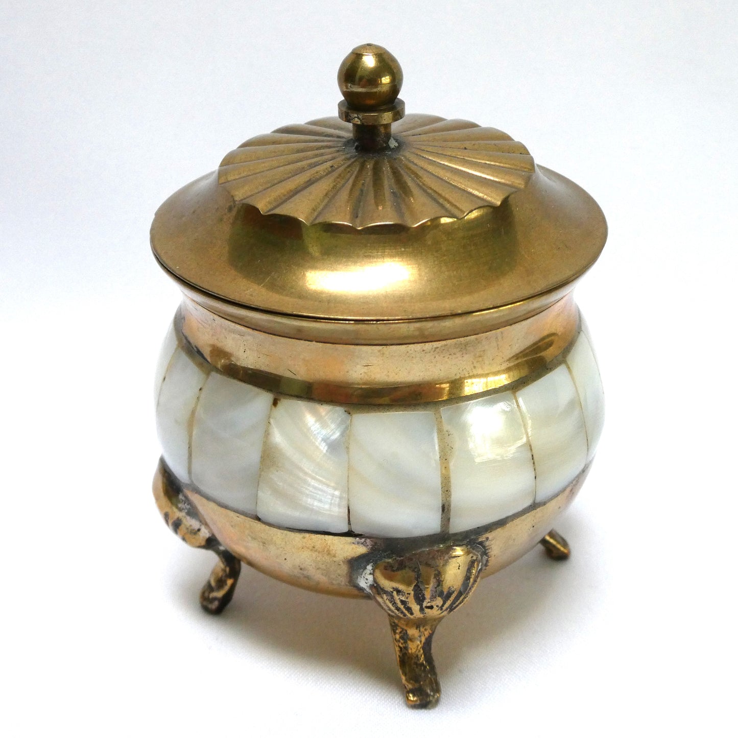 Stunning Vintage Brass and Mother-of-Pearl Lidded Sugar Bowl and Creamer, with matching serving tray