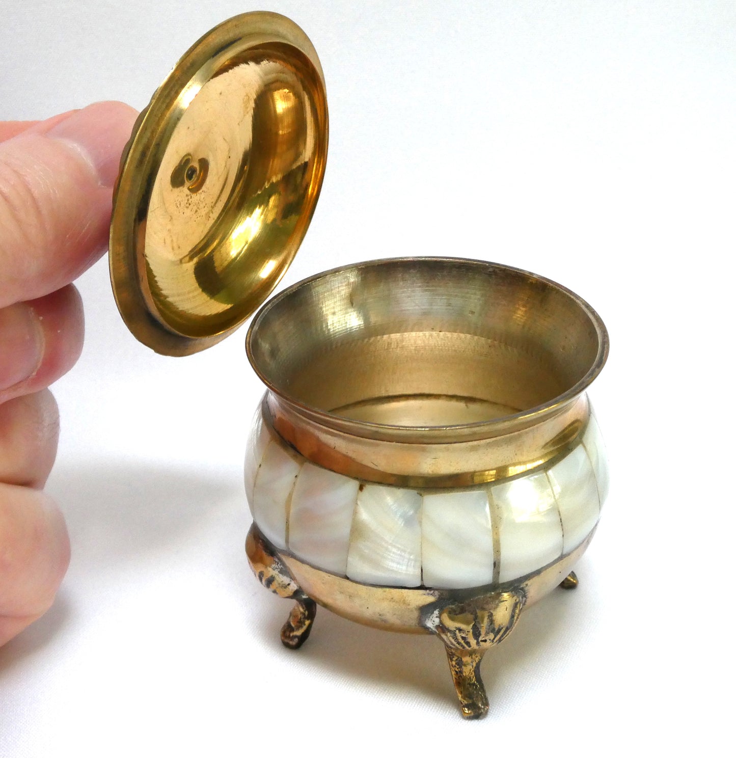 Stunning Vintage Brass and Mother-of-Pearl Lidded Sugar Bowl and Creamer, with matching serving tray