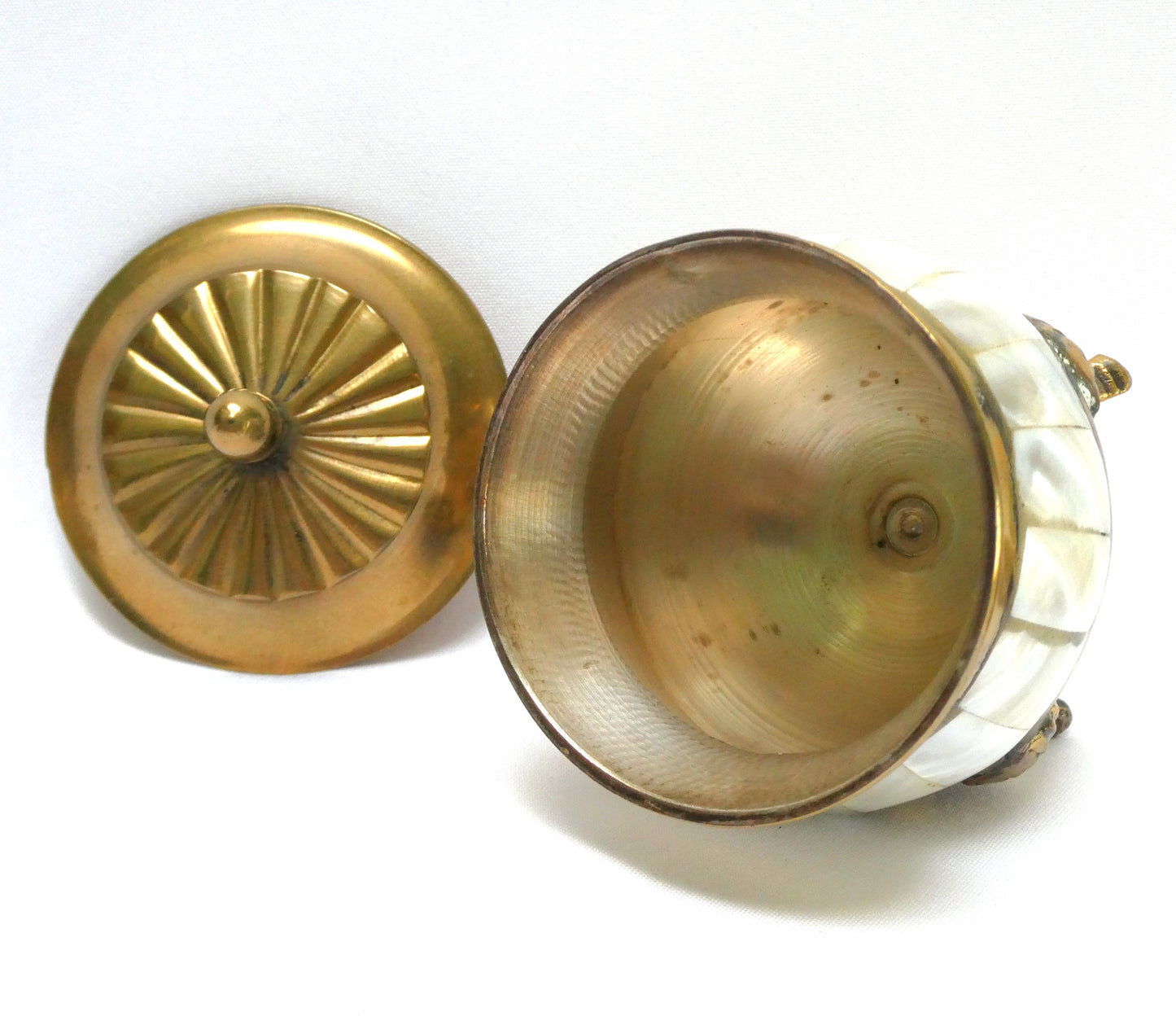Stunning Vintage Brass and Mother-of-Pearl Lidded Sugar Bowl and Creamer, with matching serving tray