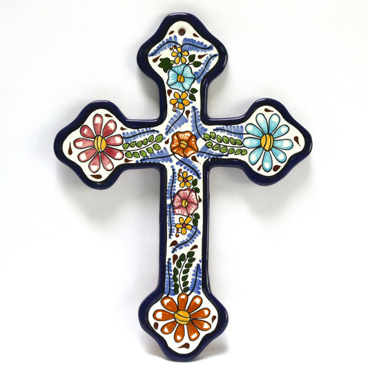Vintage Authentic TalaMex Handmade Tecali Multicolor Mexican Talavera Ceramic Cross