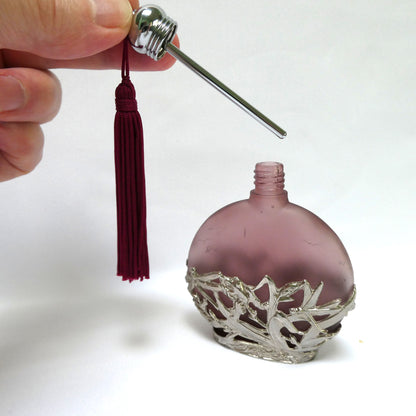 Vintage Purple Frosted Glass Art Studio Perfume Bottle with Maroon Tassel