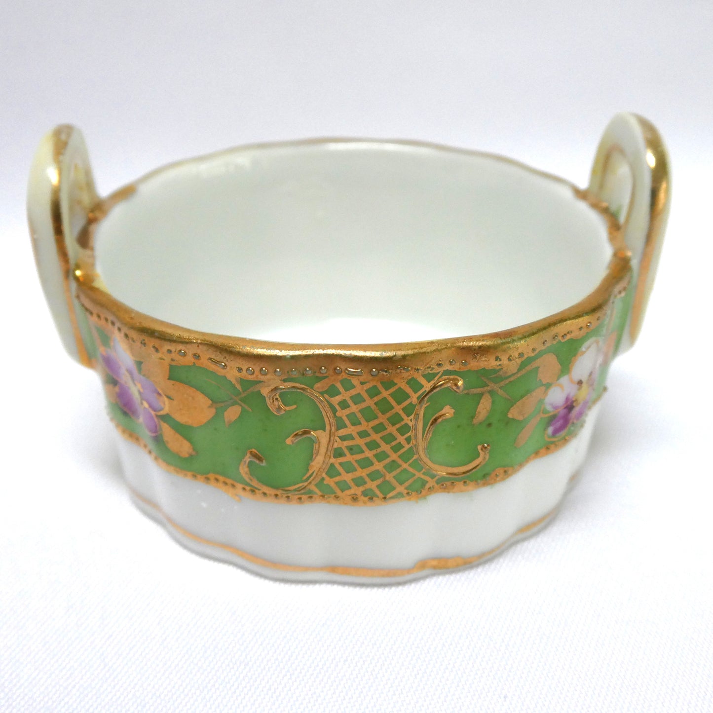 Antique Hand-Painted Green and Gold Floral Salt Cellar with Dual Handles, Japanese Nippon