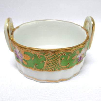 Antique Hand-Painted Green and Gold Floral Salt Cellar with Dual Handles, Japanese Nippon