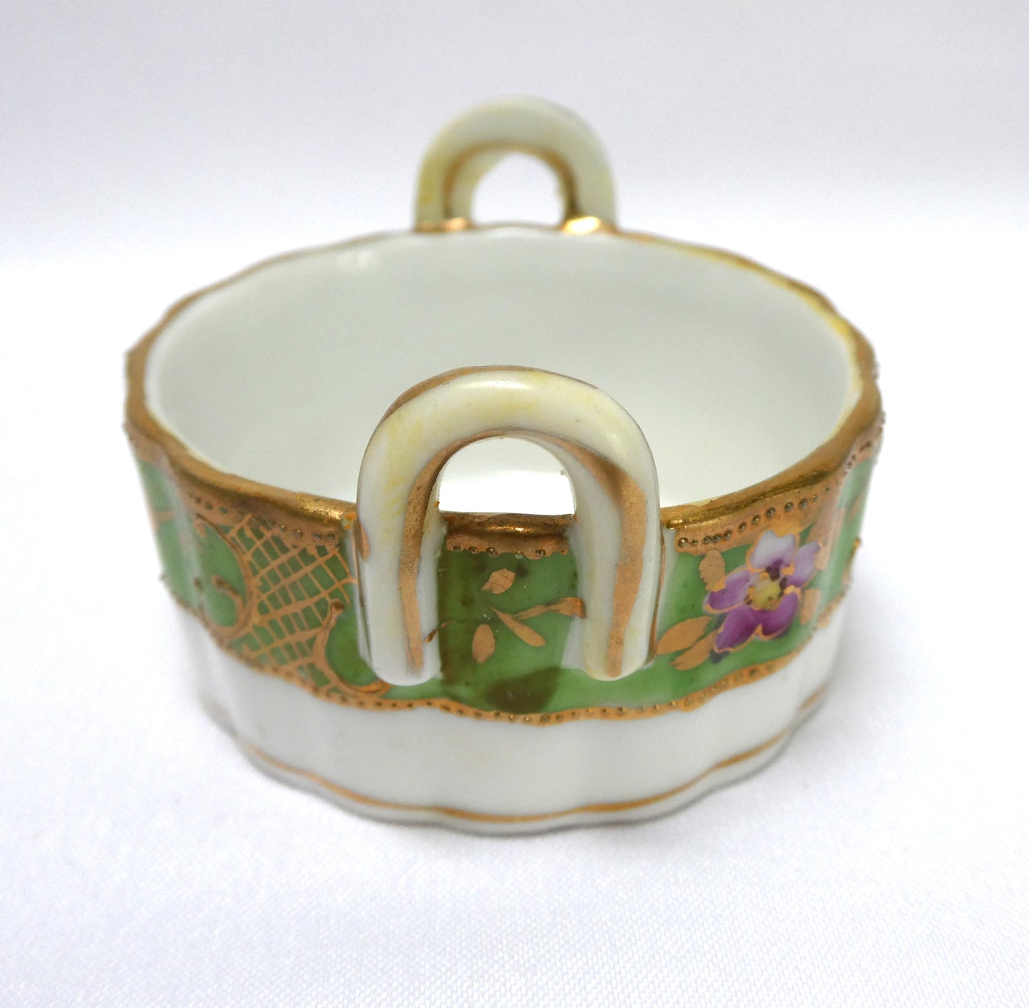 Antique Hand-Painted Green and Gold Floral Salt Cellar with Dual Handles, Japanese Nippon