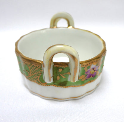 Antique Hand-Painted Green and Gold Floral Salt Cellar with Dual Handles, Japanese Nippon